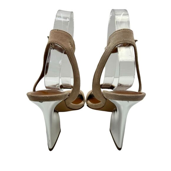 Halston Simi Blush Pink Kid Suede Leather Silver Metallic Block Heel Sandals - Picture 6 of 12